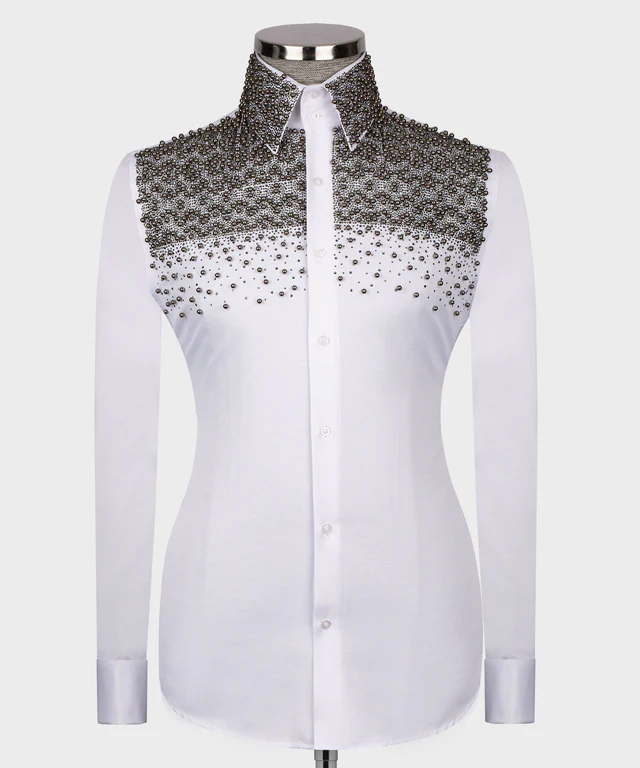 White Shirt - Gray Round Embroidered