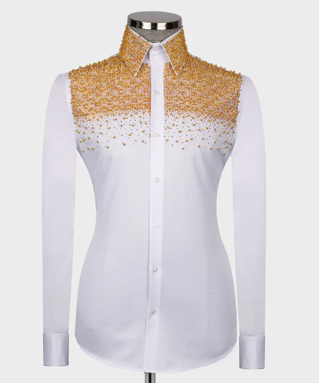 White Shirt - Golden Round Embroidered Stone