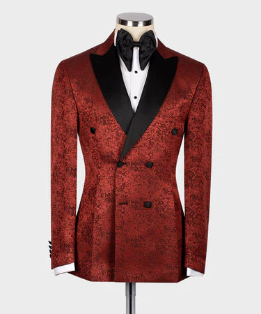 BLACK SATIN COLLAR BURGUNDY PATTERNED TUXEDOS