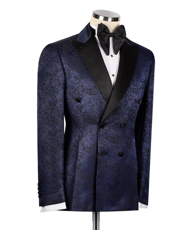 BLACK SATIN COLLAR NAVY BLUE PATTERNED TUXEDOS - Vue 2