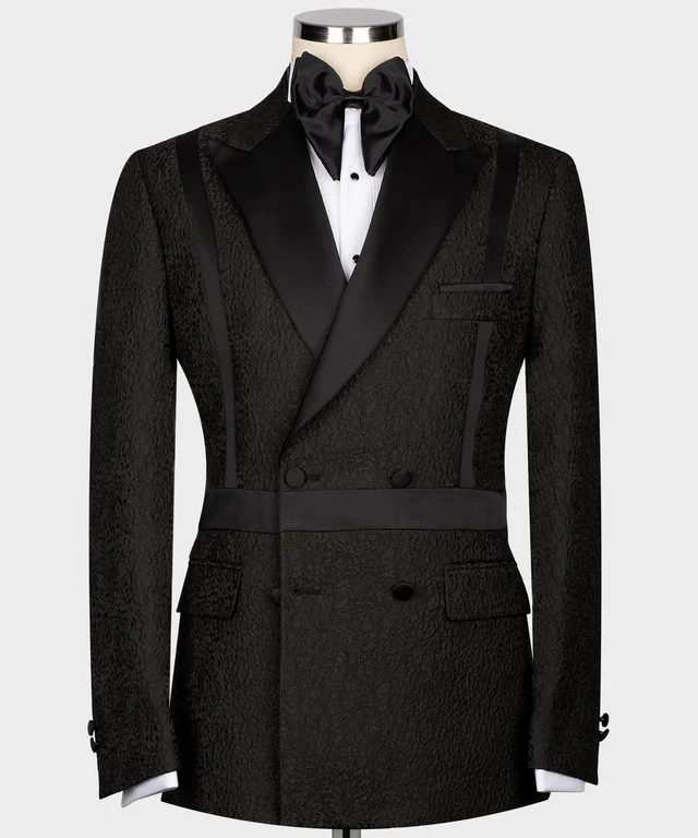 Black and Black Self Belted Double Breasted Tuxedo