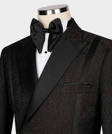 Black and Black Self Belted Double Breasted Tuxedo - Vue 2