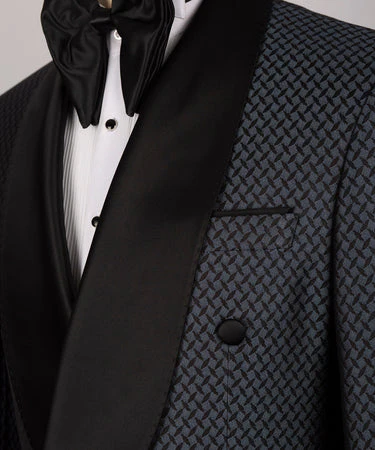 Black Satın Collar Blue Patterned Tuxedo - Vue 2