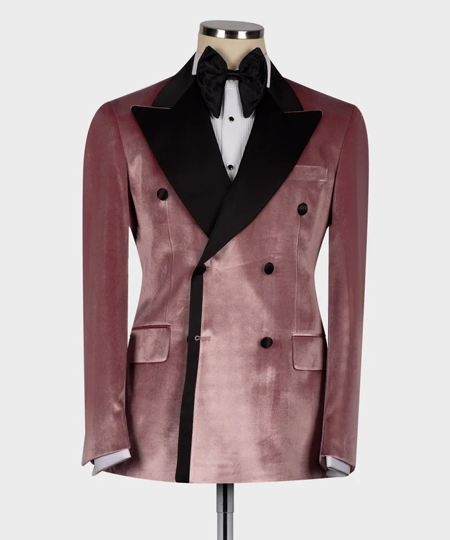 Pink Velvet Black Satin Lapel Double Breasted Tuxedo
