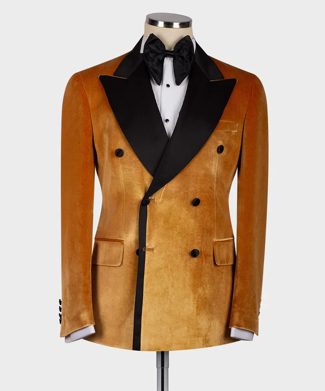 Yellow Velvet Black Satin Lapel Double Breasted Tuxedo