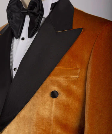 Yellow Velvet Black Satin Lapel Double Breasted Tuxedo - Vue 3