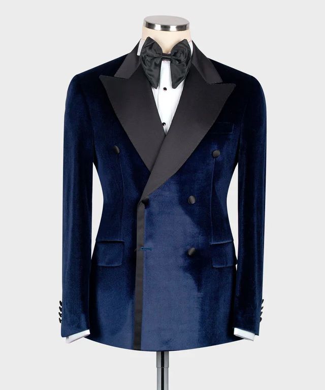 Blue Velvet Black Satin Lapel Double Breasted