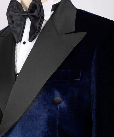 Blue Velvet Black Satin Lapel Double Breasted - Vue 2