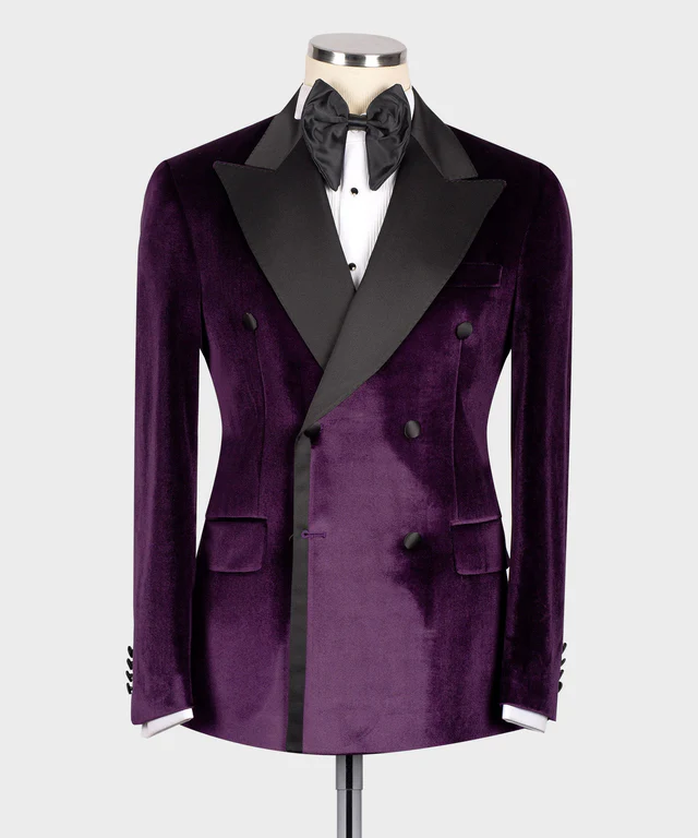 Purple Velvet Black Satin Lapel Double Breasted