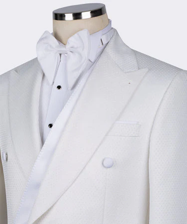 White Satin Collar White Double Breasted Tuxedo - Vue 3