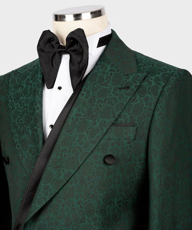 Black Satin Collar Green Double Breasted Tuxedo - Vue 3
