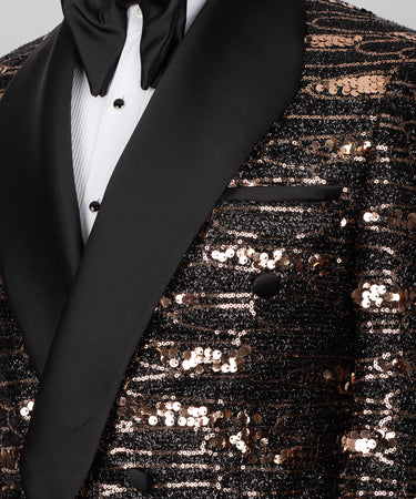 Black Satin Collar Black Double Breasted Tuxedo-gold scaly - Vue 3