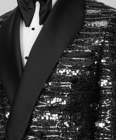 Black Satin Collar Black Double Breasted Tuxedo-silver scaly - Vue 3
