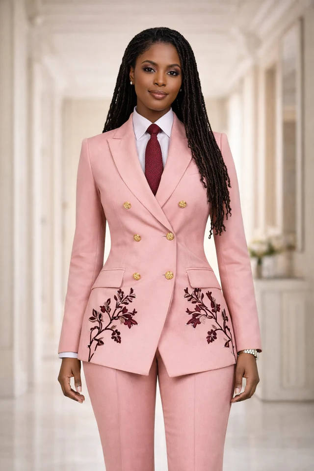 Costume de luxe rose poudré brodé (veste + pantalon) - Vue 2